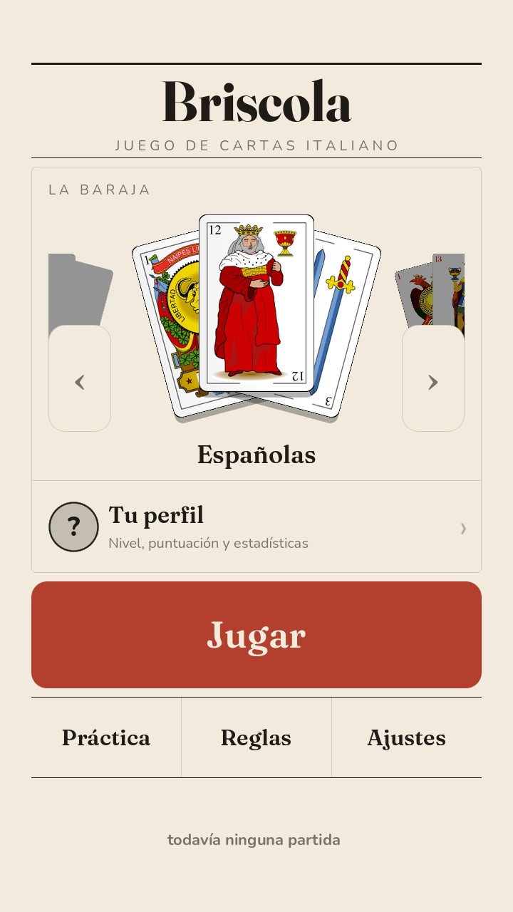 El menú de Briscola, como una hoja impresa: el escaparate de barajas y los botones para jugar, practicar, leer las reglas y abrir los ajustes