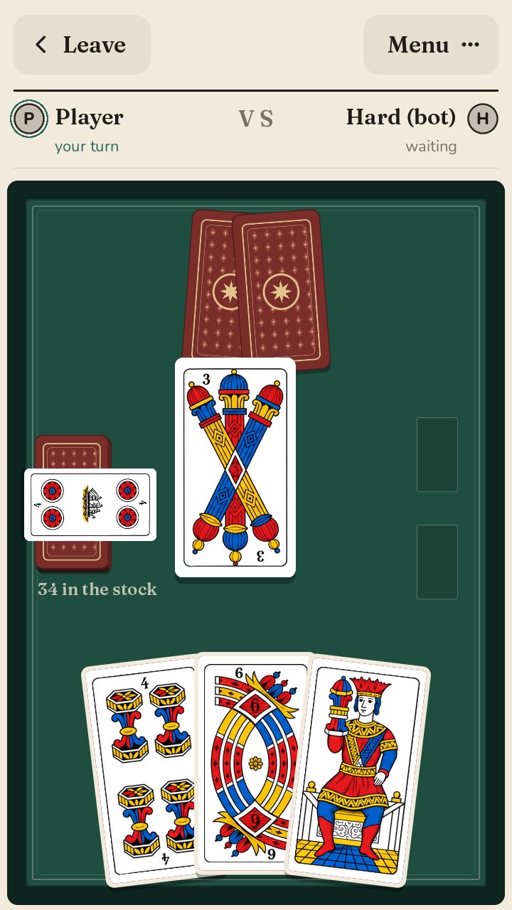 The same table with the Trentino deck, redrawn in flat colours: the three of clubs played in the middle, three cards in hand