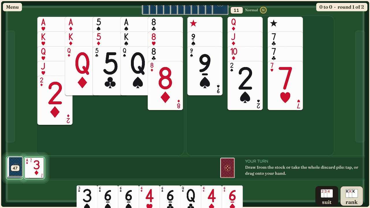 The Burraco table: melds laid on the felt, the stock and the discard pile, your hand at the bottom