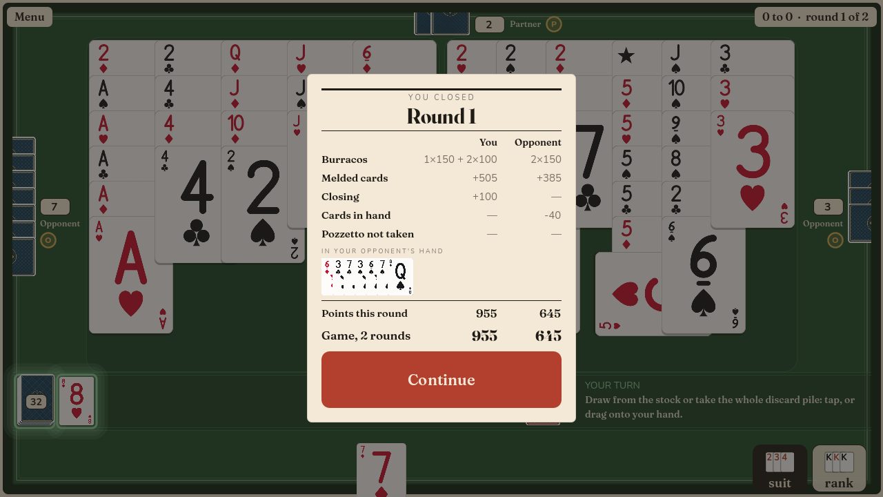 The end-of-hand count: melded cards, burracos, closing, pozzetto and cards left in hand