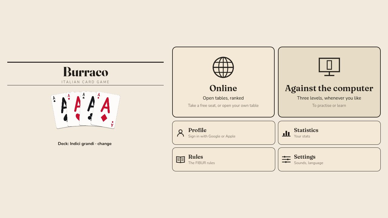 The Burraco menu: big buttons to play online and against the computer, then profile, rules and settings