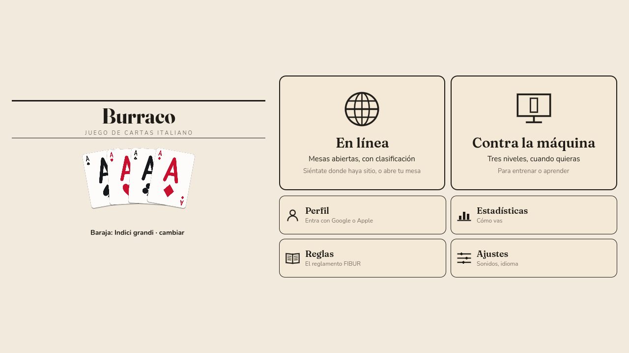 El menú del burraco: botones grandes para jugar en línea y contra la máquina, y luego perfil, reglas y ajustes