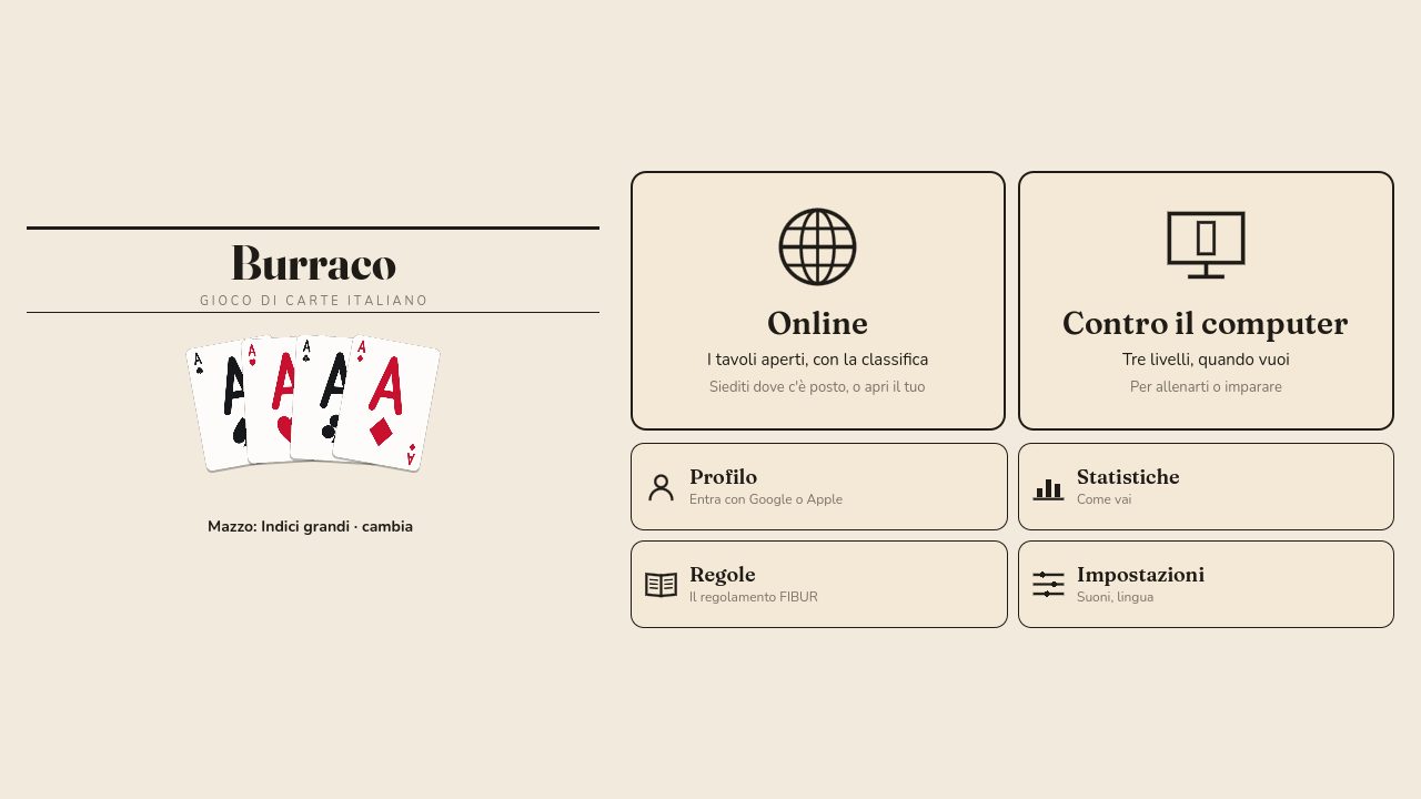 Il menu del burraco: i pulsanti grandi per giocare online e contro il computer, poi profilo, regole e impostazioni