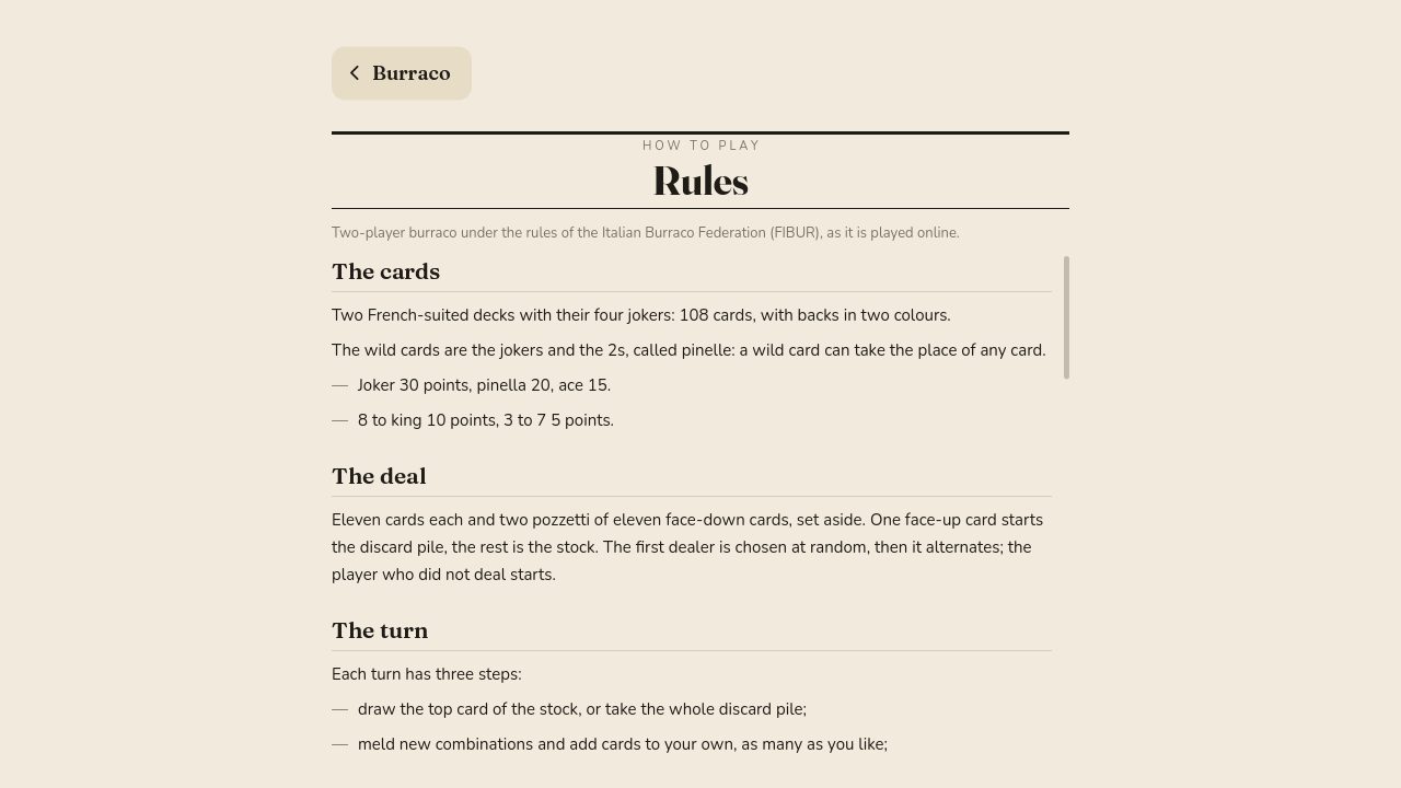 The Burraco rules screen: the cards, the deal, the turn