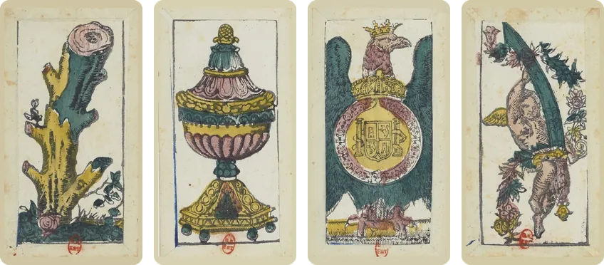 The four aces of the antique Piacentine cards, engraved and hand-coloured