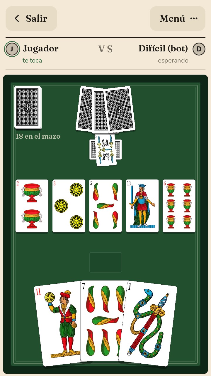 La mesa de la scopa con la baraja napolitana: cinco cartas en la mesa, el montón del rival con una escoba atravesada y tres cartas en la mano