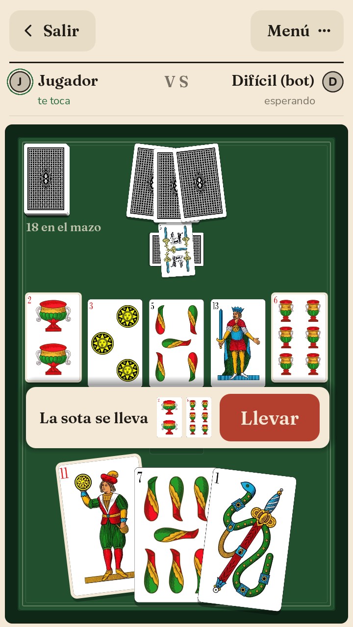 La hoja de la elección: «La sota se lleva» con el dos y el seis tocados, y el botón Llevar