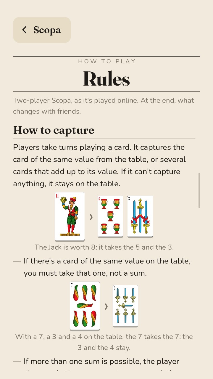 The rules screen: how to capture, with the cards drawn