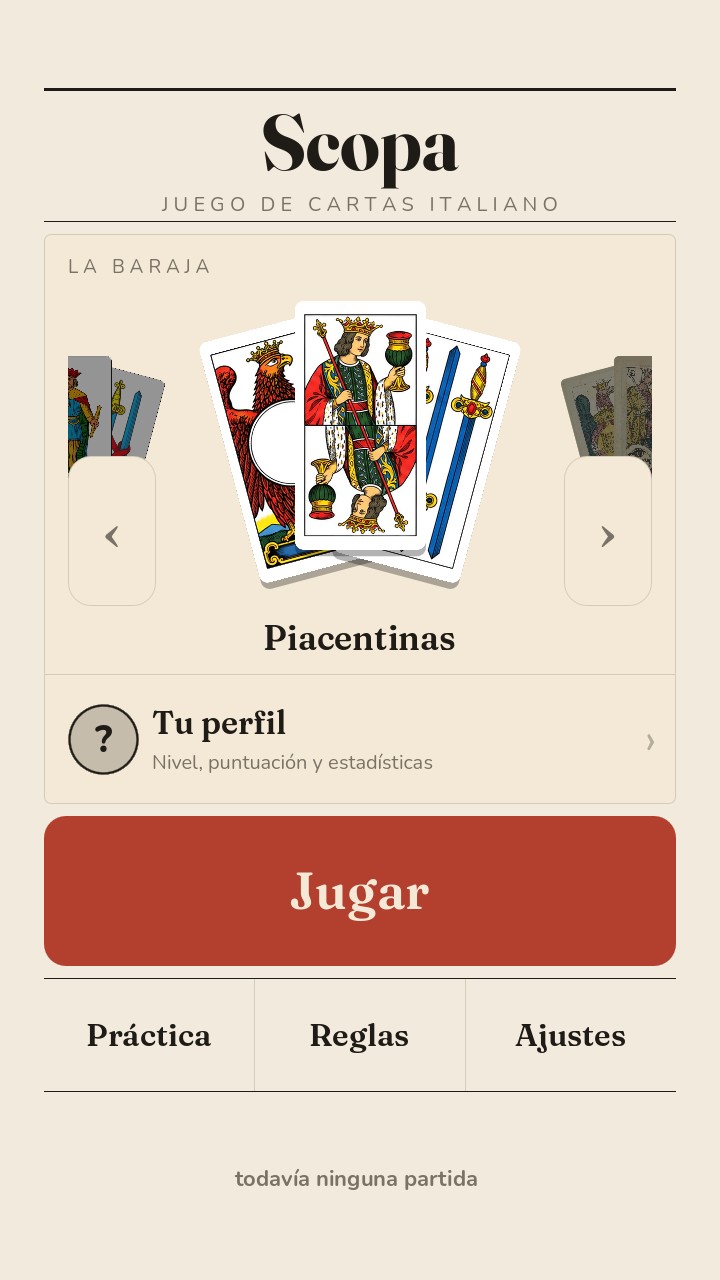 El menú de la scopa: el escaparate de barajas y los botones para jugar, practicar y leer las reglas