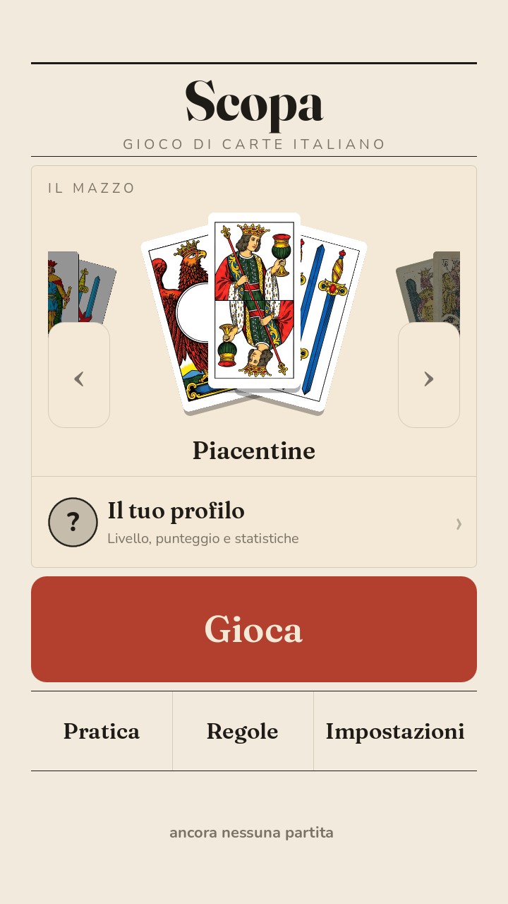 Il menu della scopa: la vetrina dei mazzi e i pulsanti per giocare, fare pratica, leggere le regole