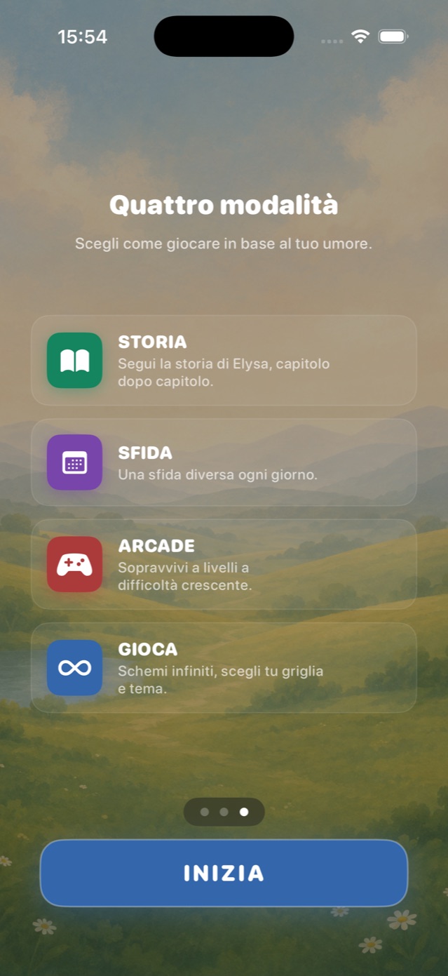 Schermata che presenta le quattro modalità: Storia, Sfida, Arcade e Gioca