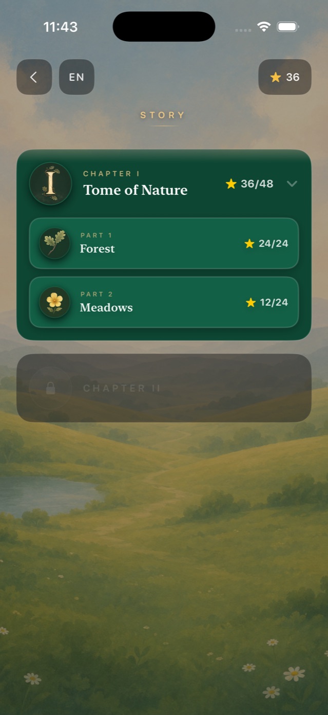 Story map with Chapter I, Tome of Nature, divided into parts and the stars earned